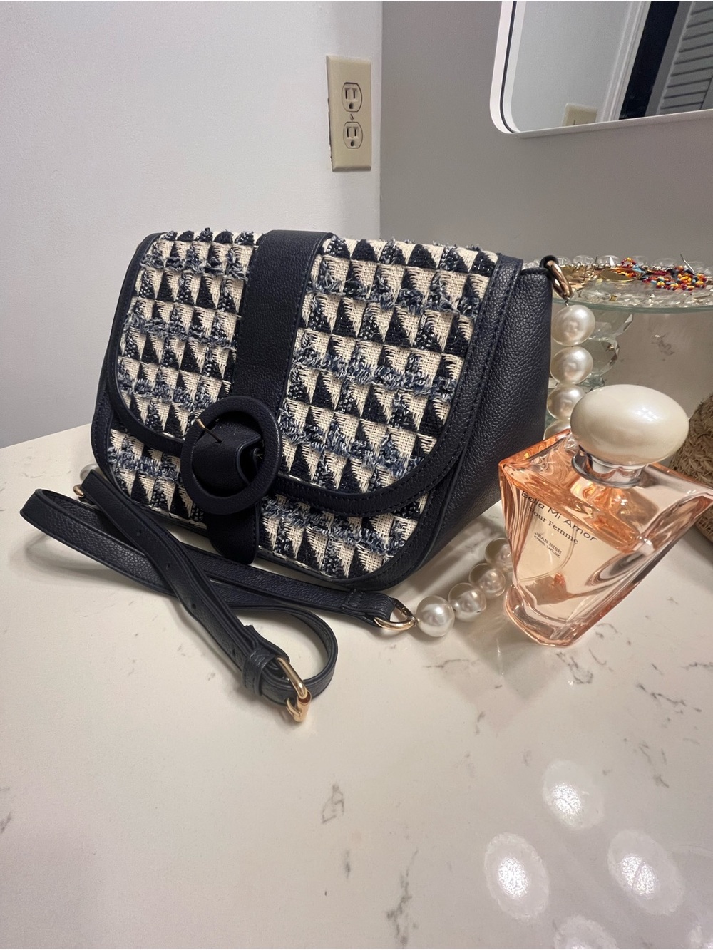 Navy and Cream Tweed Crossbody Bag with Buckle